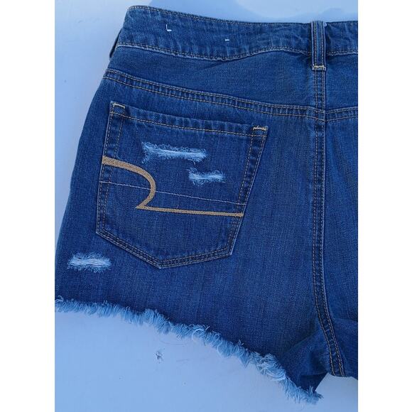 American Eagle Tomgirl Shortie Denim Jean Shorts Blue Distressed Fray Hem Sz. 10 - Picture 9 of 9